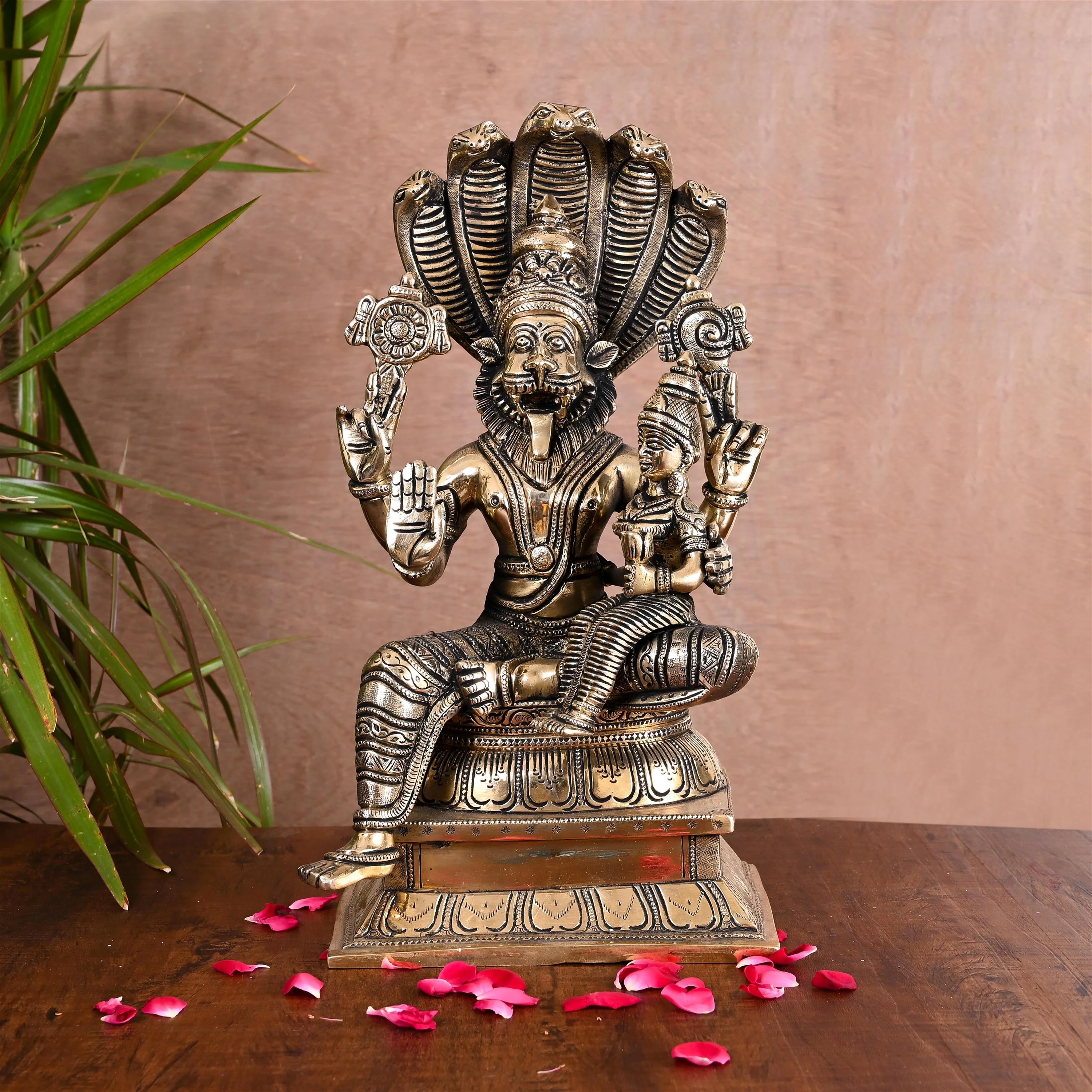 Brass Sitting Lakshmi Narasimha Idol (13 Inch)