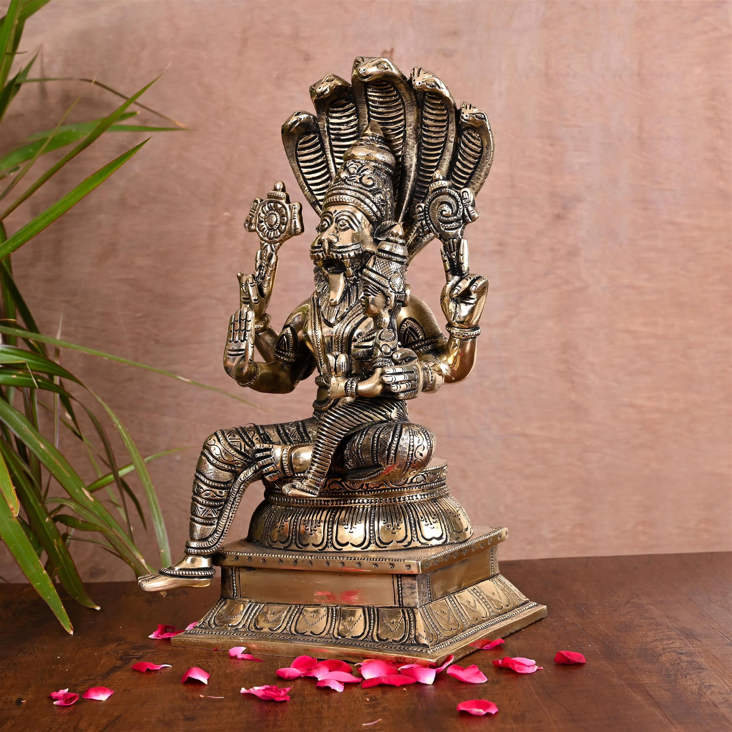 Brass Sitting Lakshmi Narasimha Idol (13 Inch) - Image 2