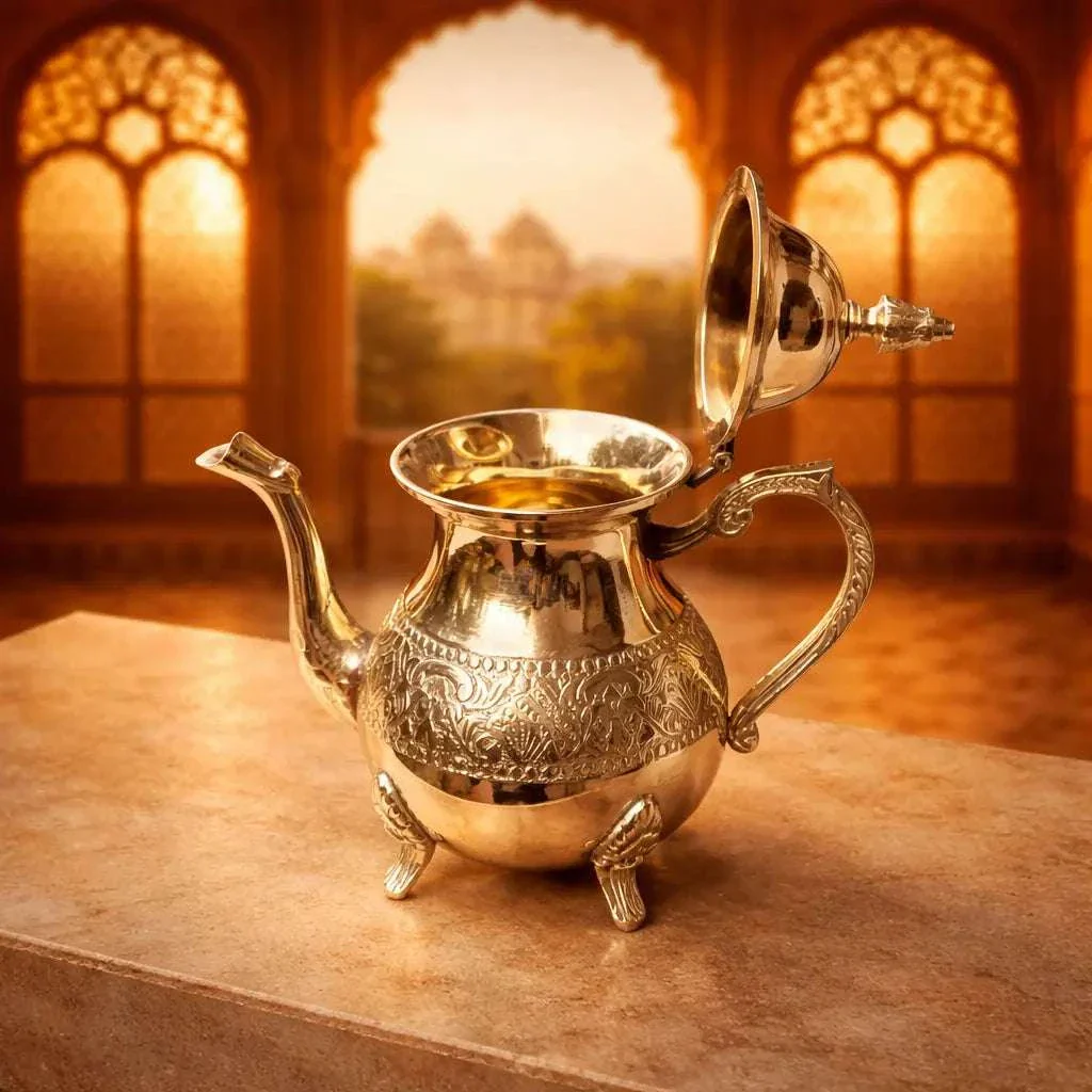 Brass Leaf Design Mughlai Tea Pot with Lid - Image 3