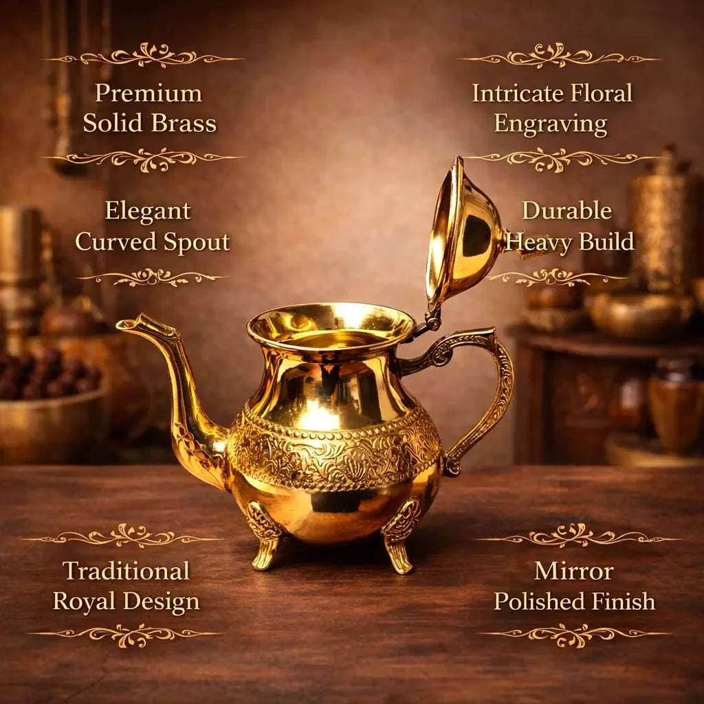 Brass Leaf Design Mughlai Tea Pot with Lid - Image 6