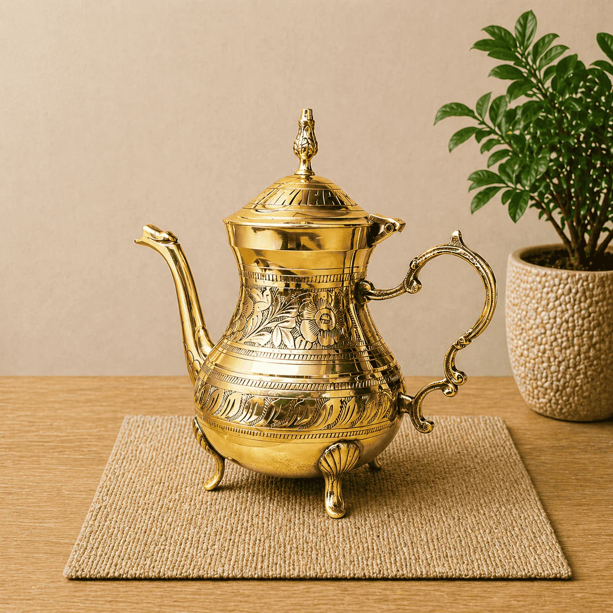 Brass Leaf Design Mughlai Tea Pot with Lid - Image 8