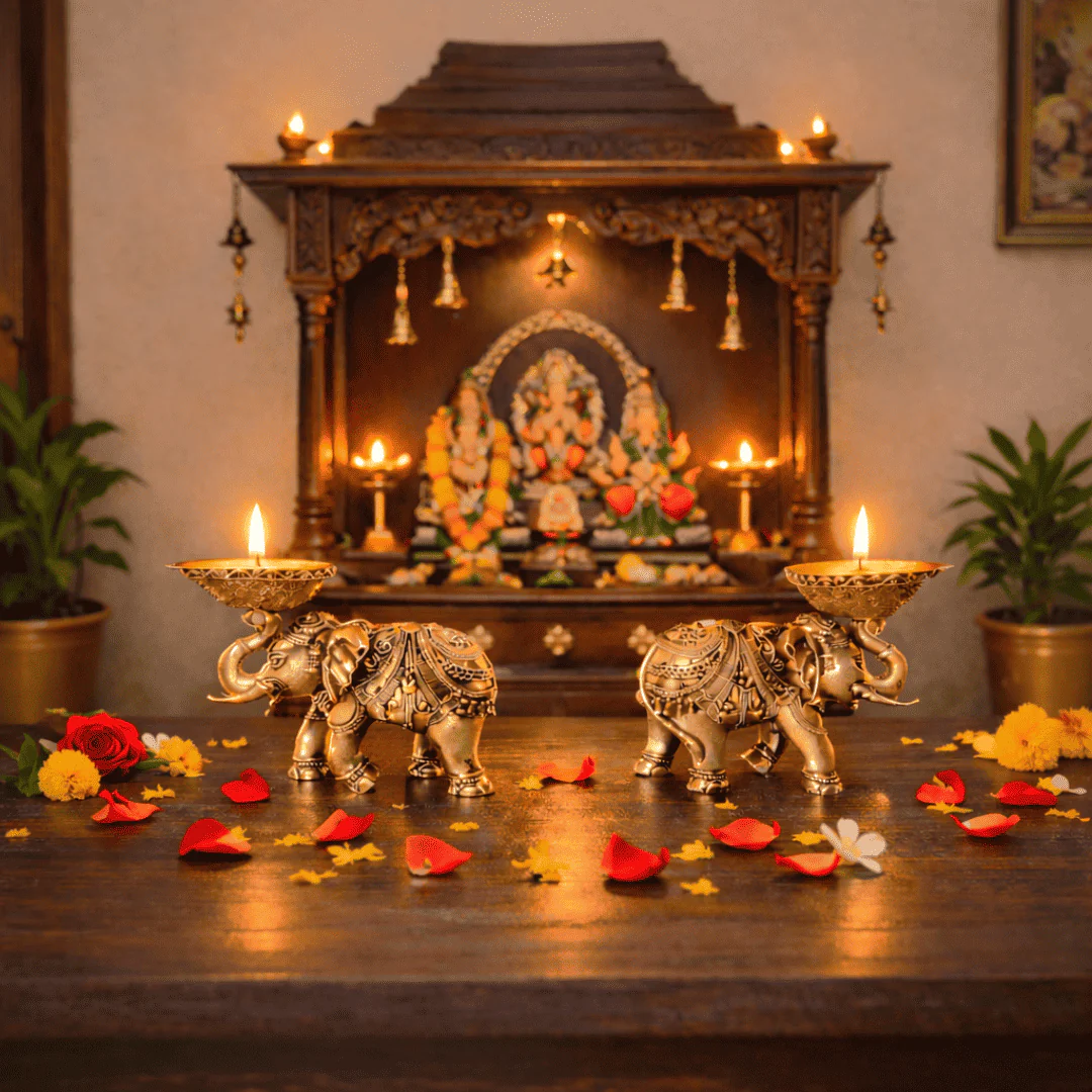 Brass Lightweight Elephant Standing Diya Pair (2.5 Inch)