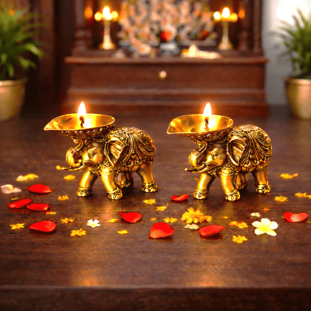 Brass Lightweight Elephant Standing Diya Pair (2.5 Inch) - Image 2