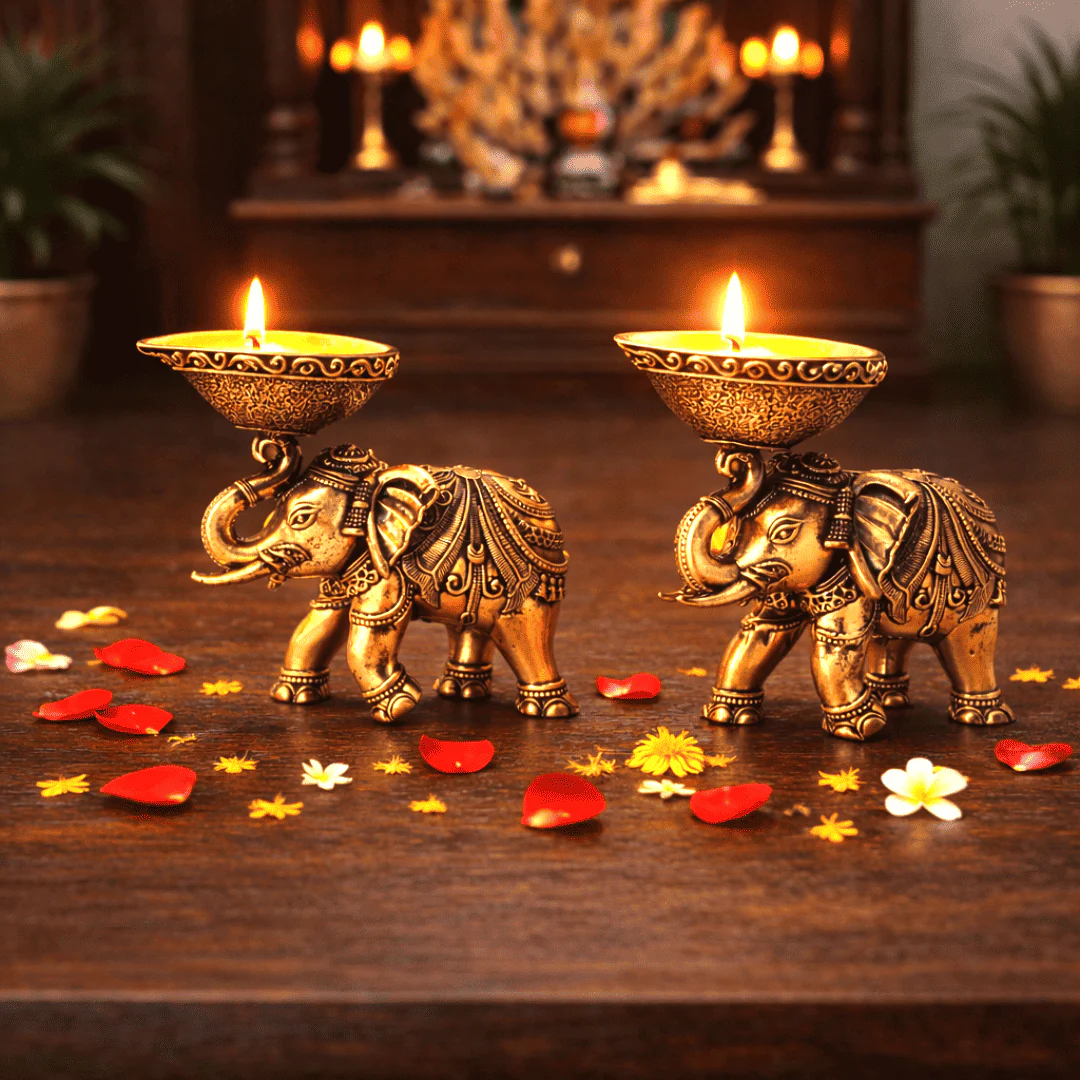 Brass Lightweight Elephant Standing Diya Pair (2.5 Inch) - Image 3