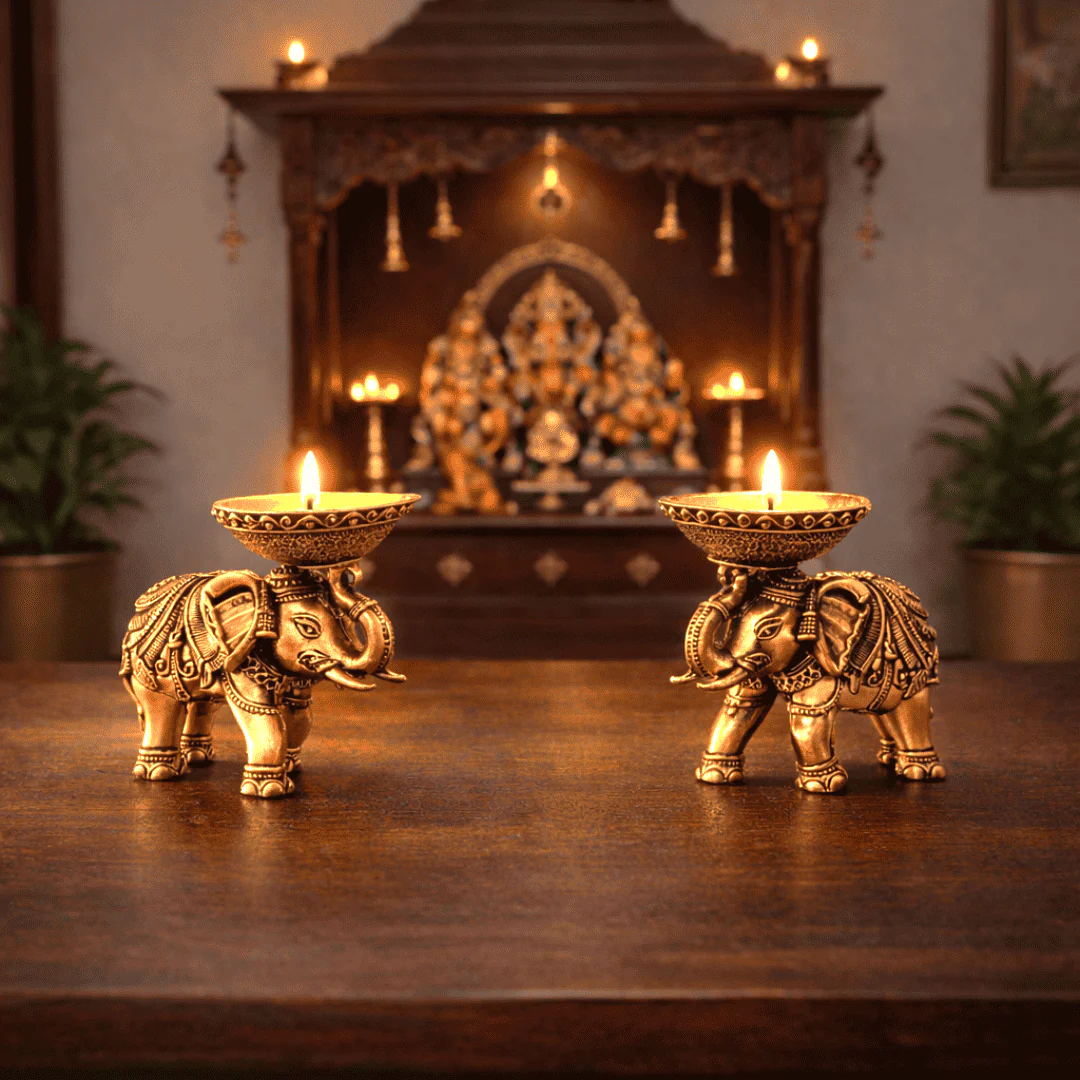Brass Lightweight Elephant Standing Diya Pair (2.5 Inch) - Image 4