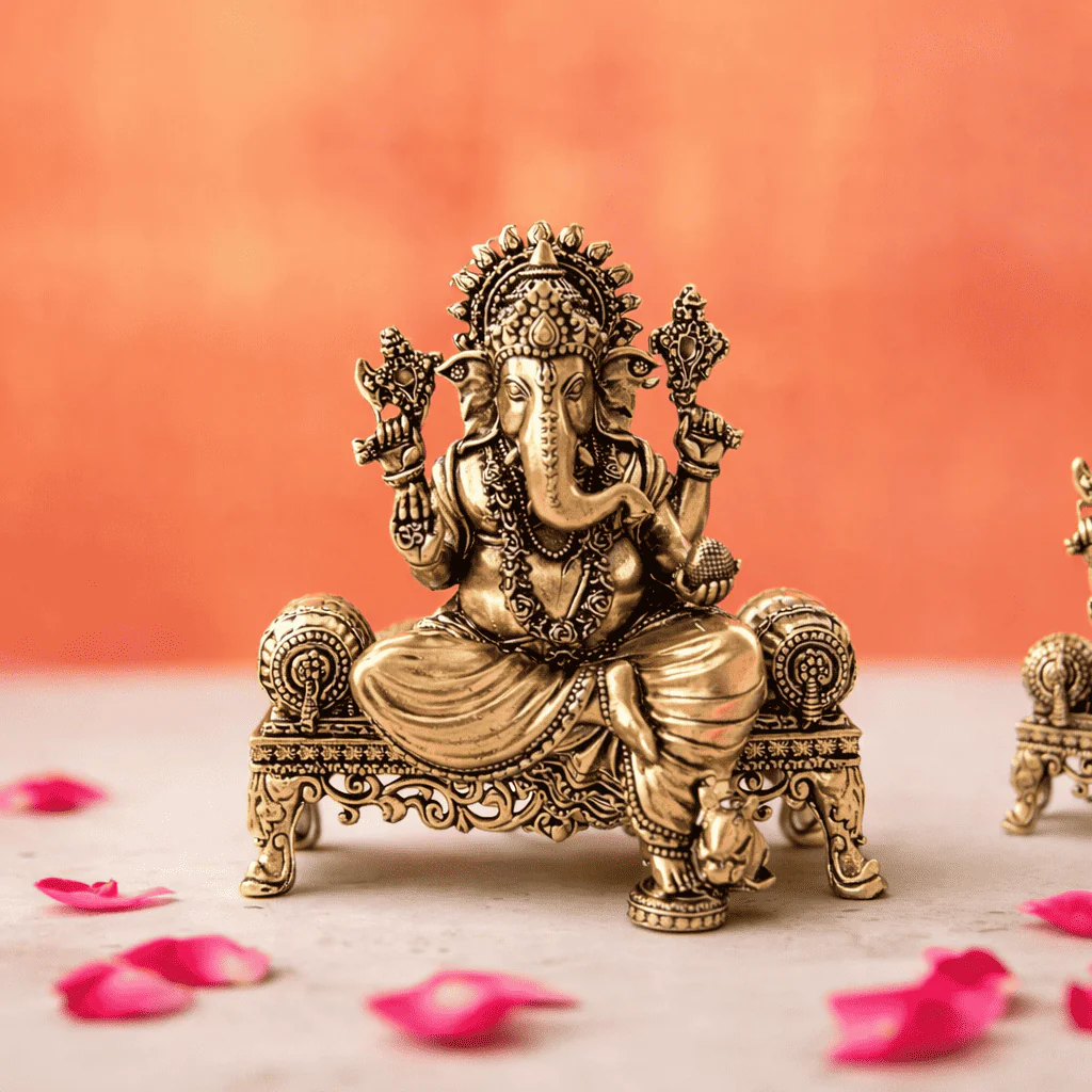 Brass Lightweight Ganesha And Lakshmi Sitting On Throne Idols (4.5 Inch) - Image 2