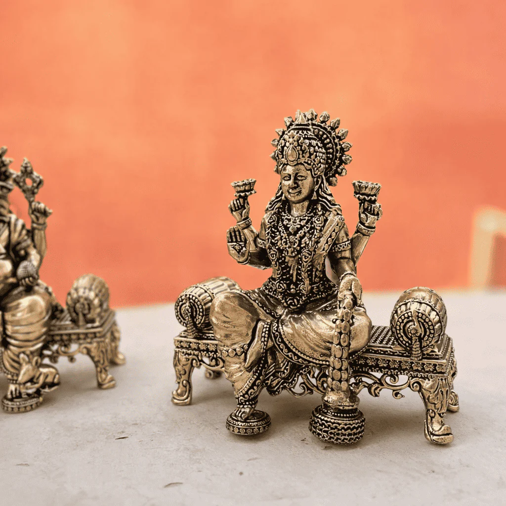 Brass Lightweight Ganesha And Lakshmi Sitting On Throne Idols (4.5 Inch) - Image 3