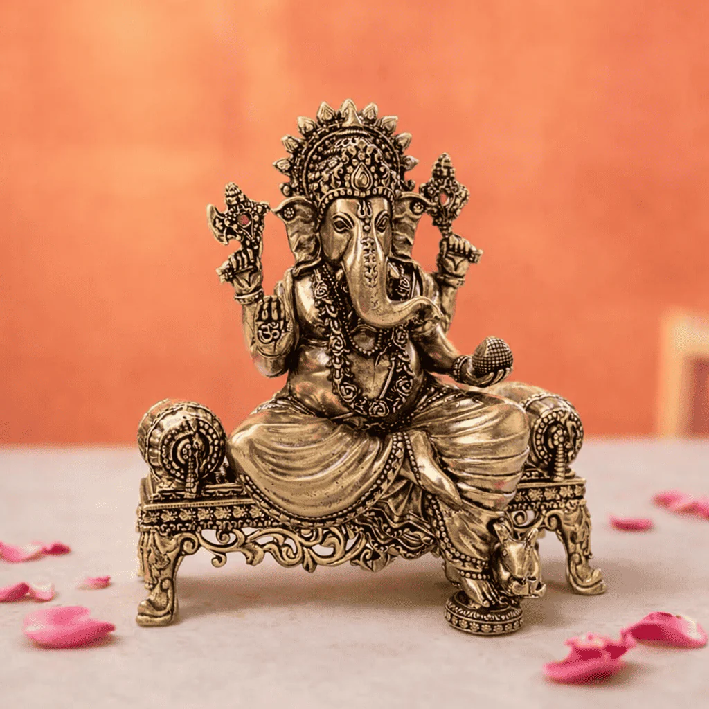 Brass Lightweight Ganesha And Lakshmi Sitting On Throne Idols (4.5 Inch) - Image 4