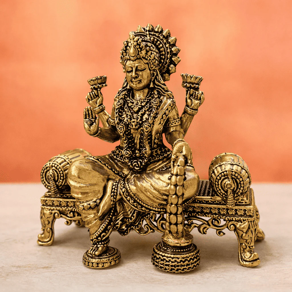 Brass Lightweight Ganesha And Lakshmi Sitting On Throne Idols (4.5 Inch) - Image 5