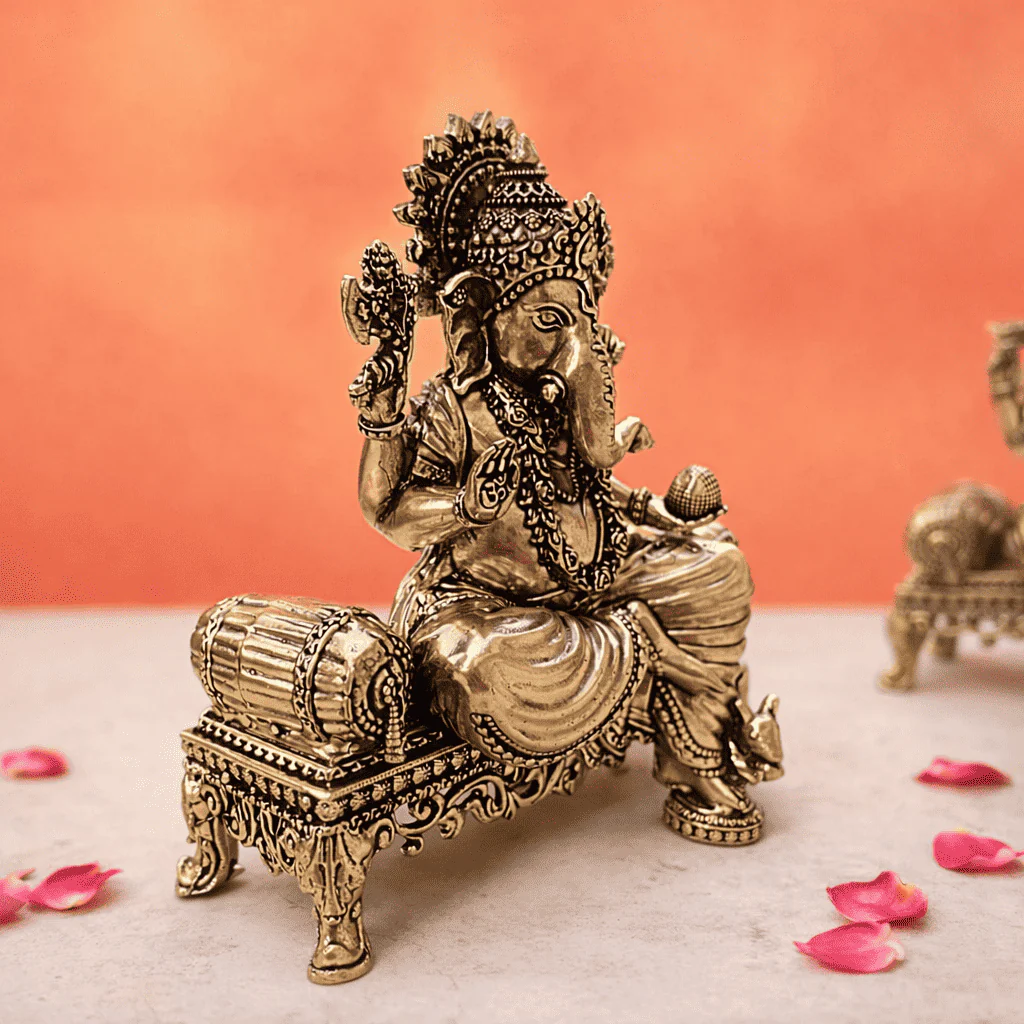 Brass Lightweight Ganesha And Lakshmi Sitting On Throne Idols (4.5 Inch) - Image 6