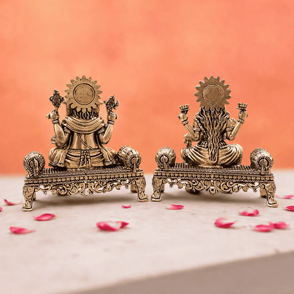 Brass Lightweight Ganesha And Lakshmi Sitting On Throne Idols (4.5 Inch) - Image 8