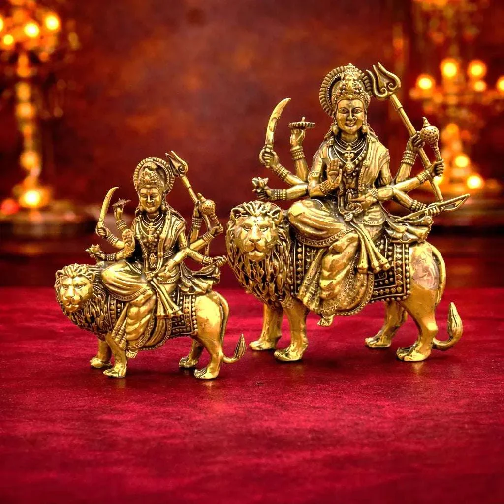 Brass Lightweight Goddess Durga Idol Sitting on Lion