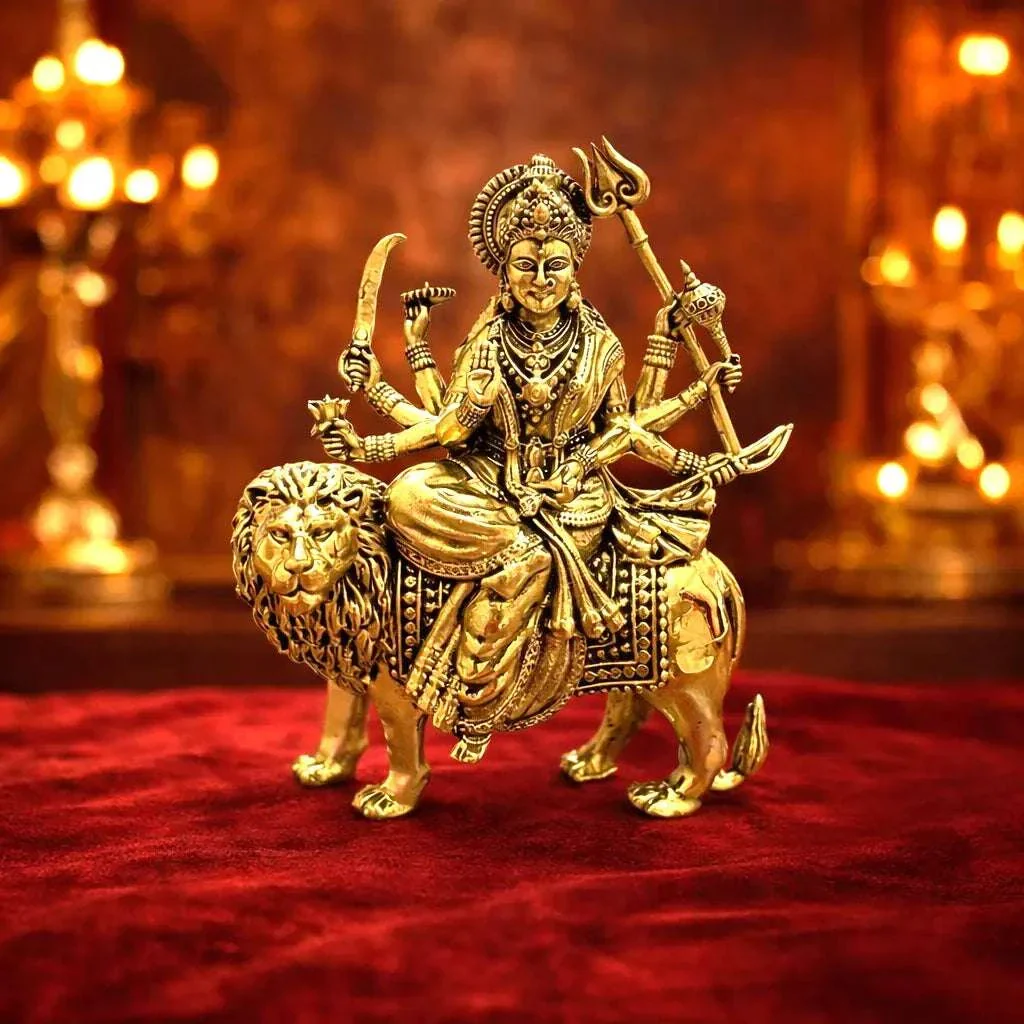 Brass Lightweight Goddess Durga Idol Sitting on Lion - Image 2