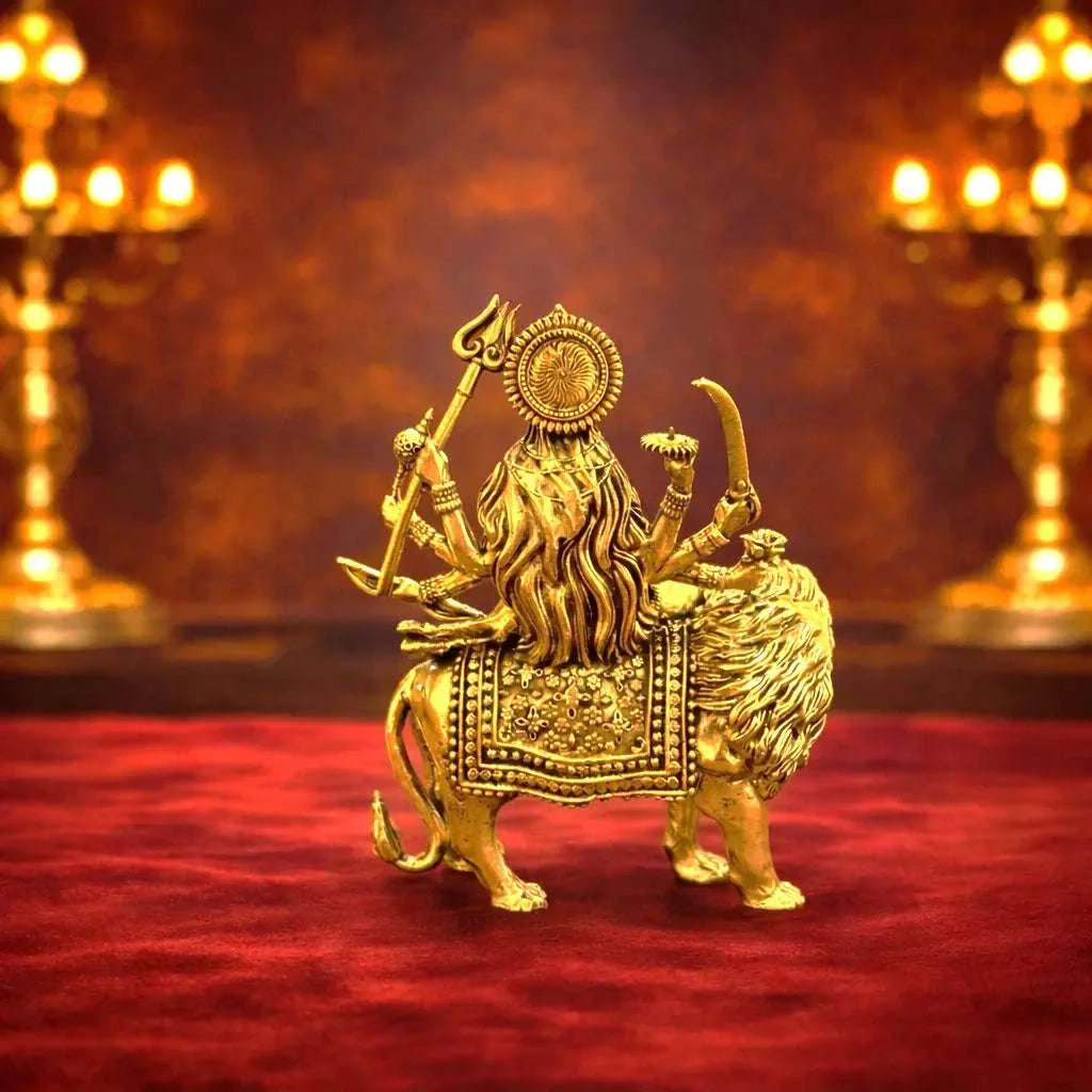 Brass Lightweight Goddess Durga Idol Sitting on Lion - Image 3