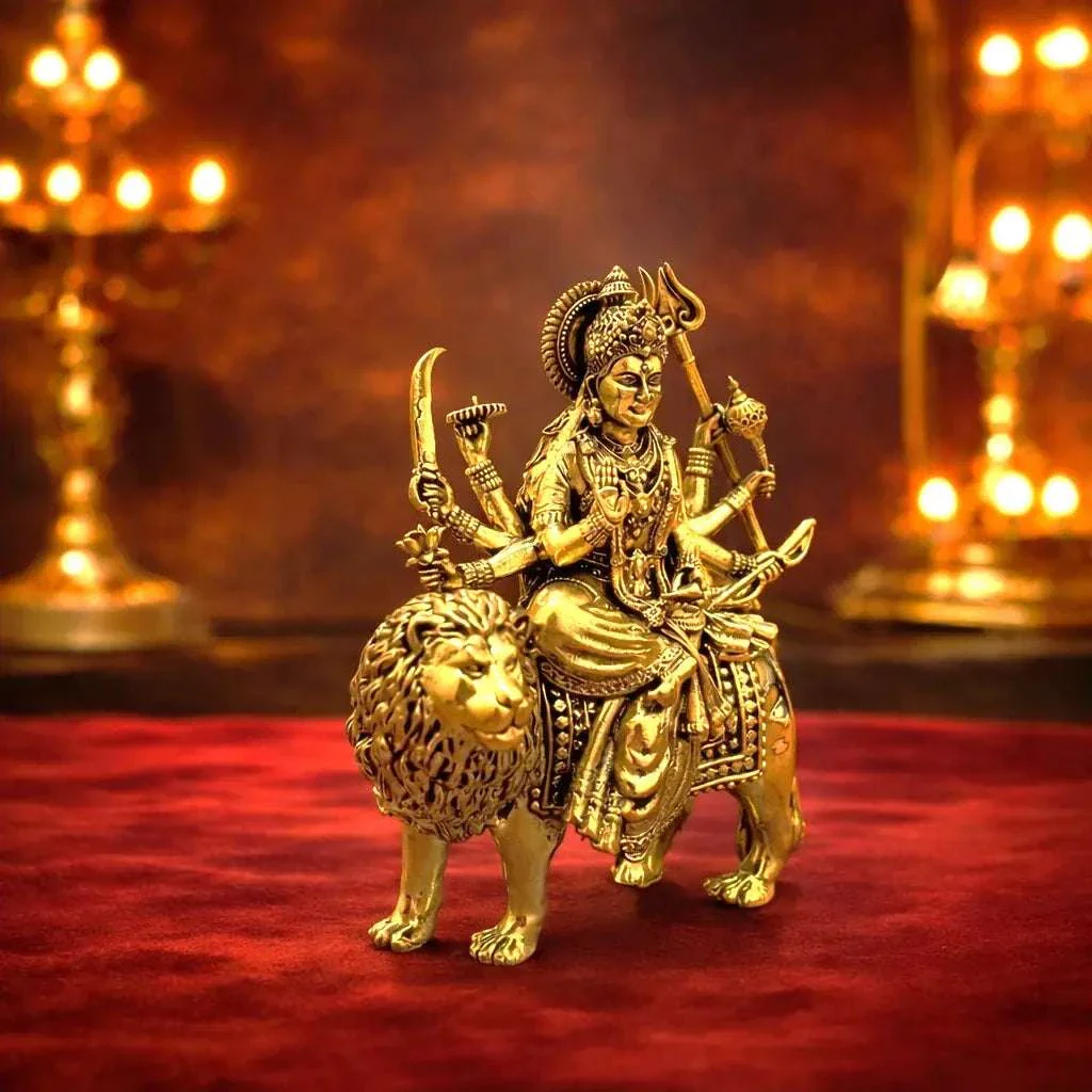 Brass Lightweight Goddess Durga Idol Sitting on Lion - Image 4