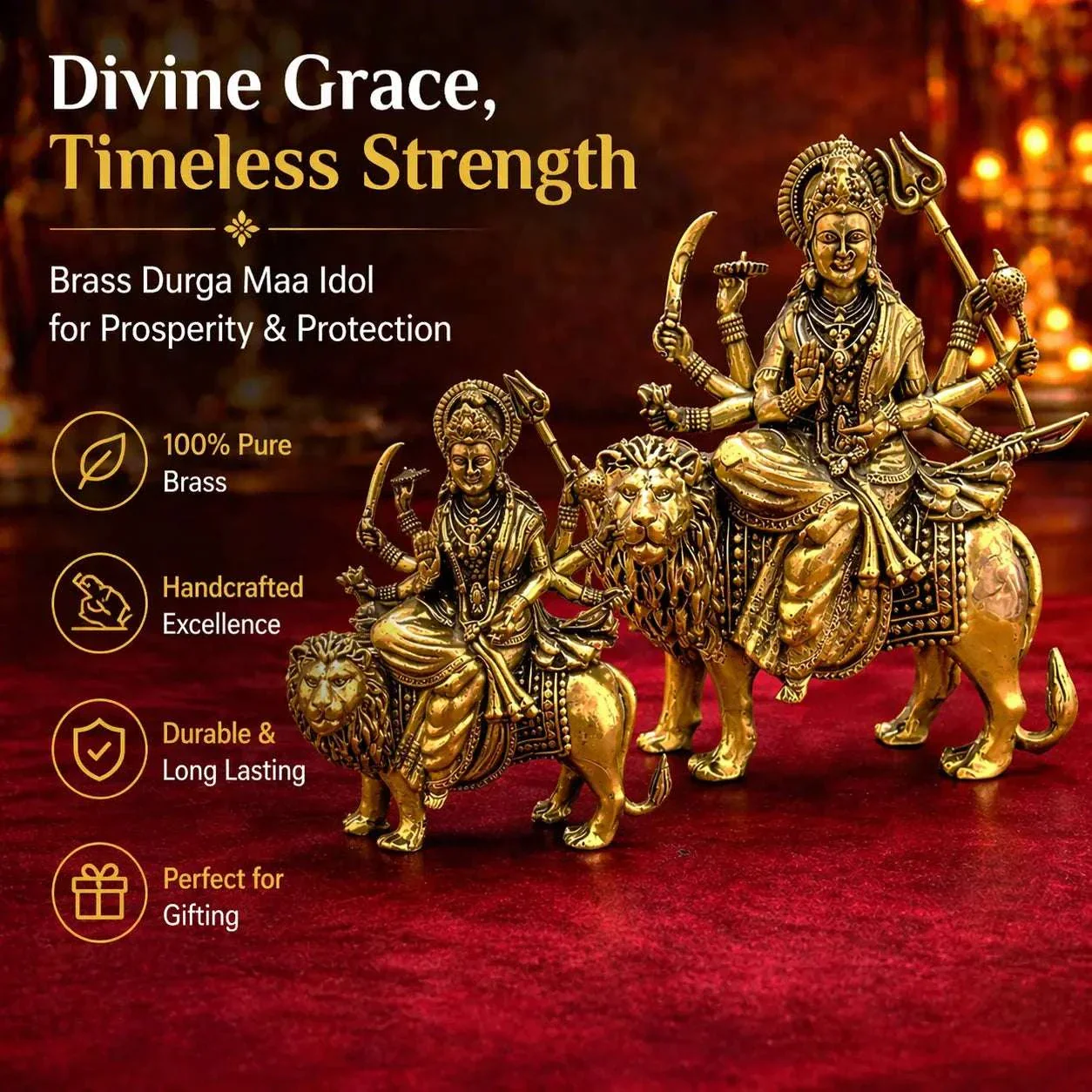 Brass Lightweight Goddess Durga Idol Sitting on Lion - Image 7