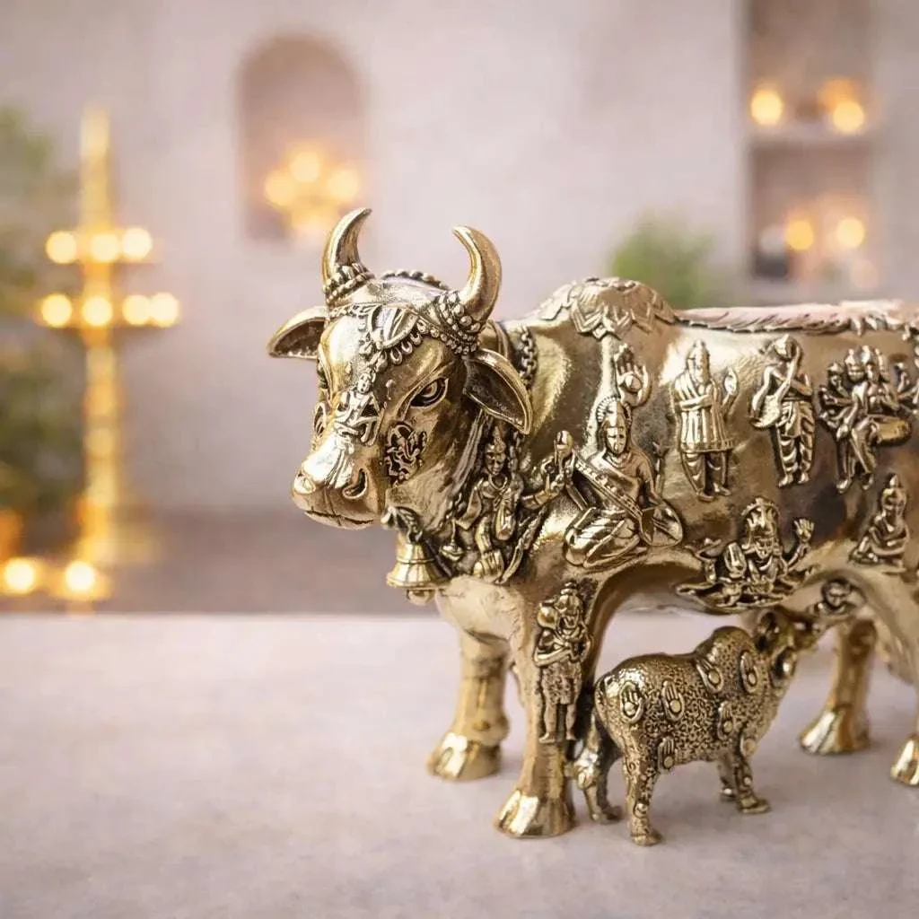 Brass Lightweight Kamdhenu Cow With Calf Idol (4 Inch) - Image 2