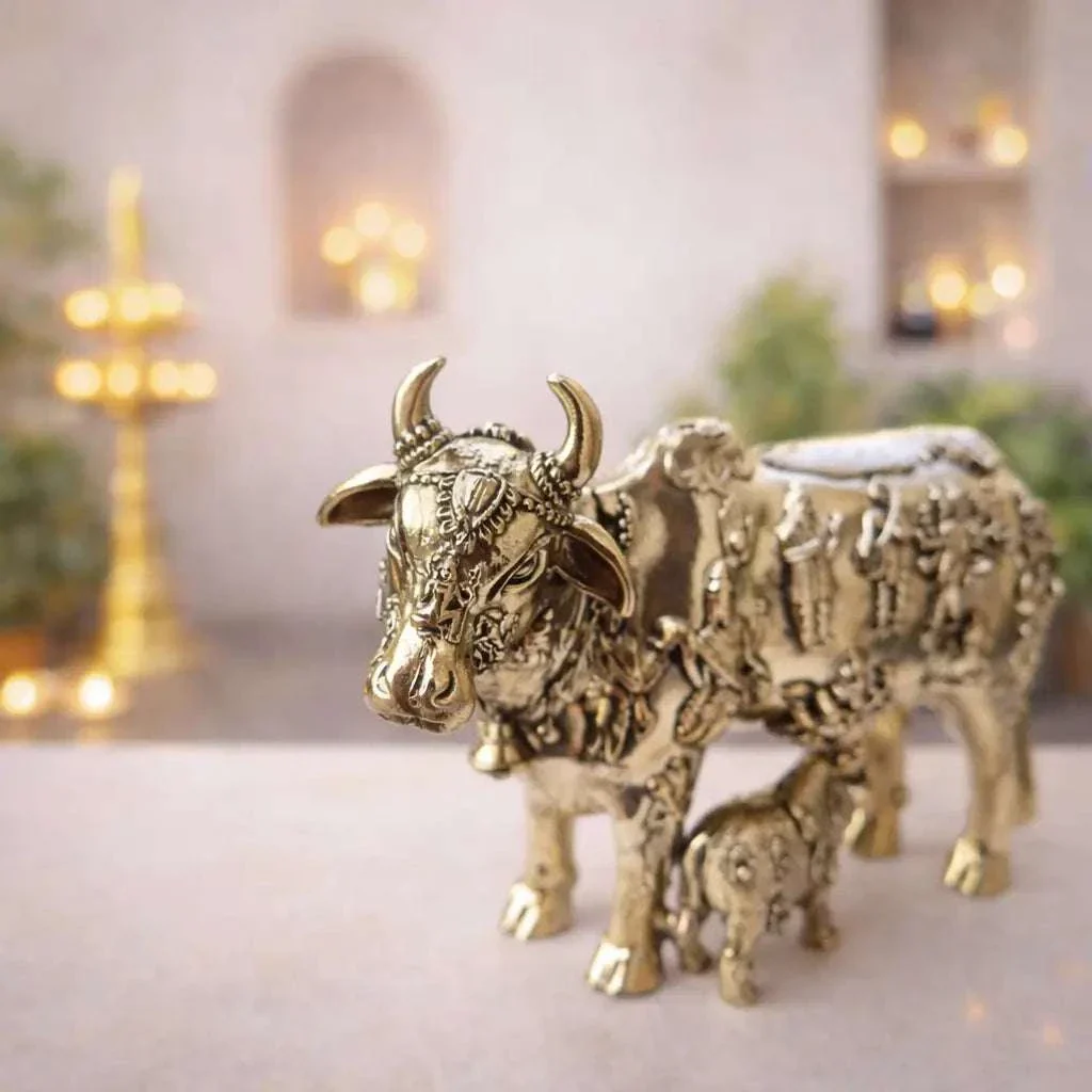 Brass Lightweight Kamdhenu Cow With Calf Idol (4 Inch) - Image 3