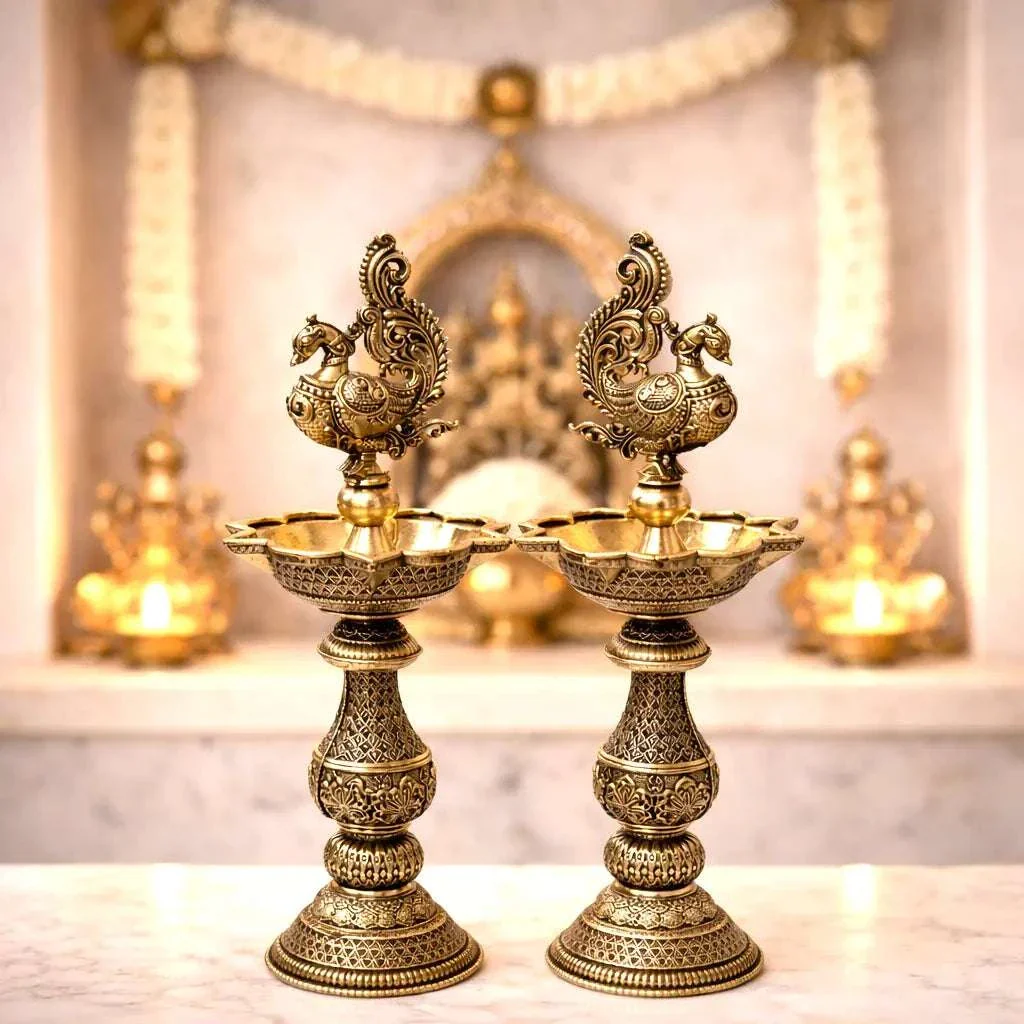 Brass Lightweight Peacock Samai/Lamp Pair (8 Inch)