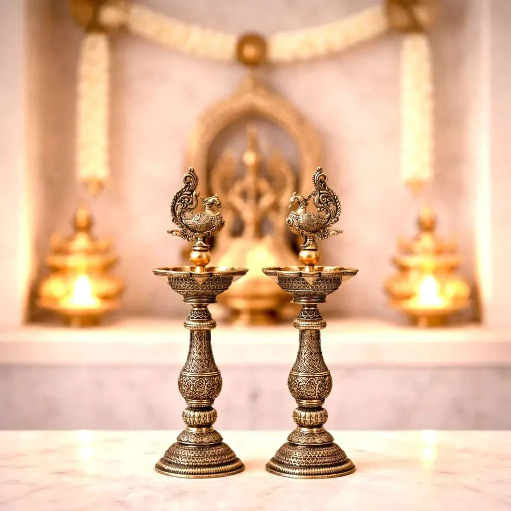 Brass Lightweight Peacock Samai/Lamp Pair (8 Inch) - Image 2