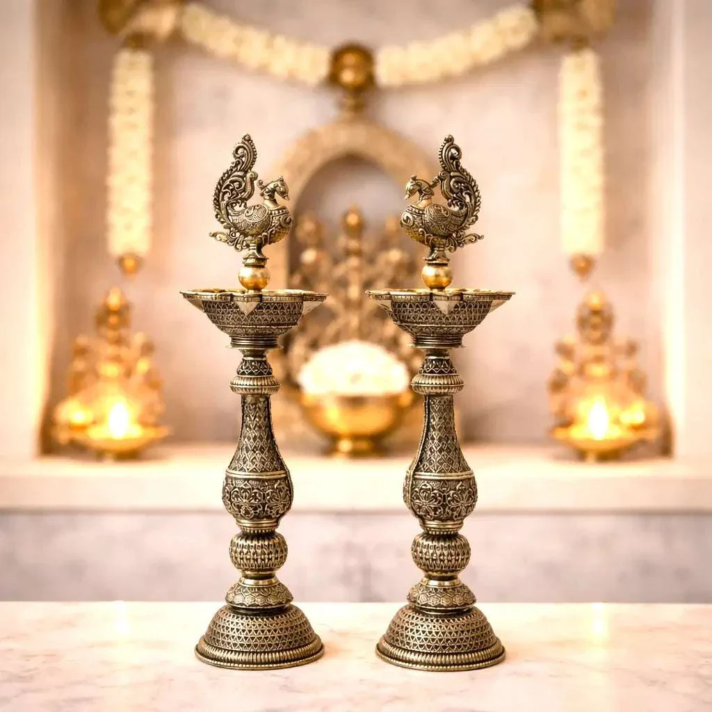 Brass Lightweight Peacock Samai/Lamp Pair (8 Inch) - Image 3