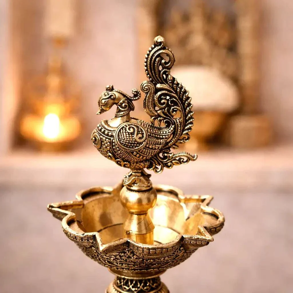 Brass Lightweight Peacock Samai/Lamp Pair (8 Inch) - Image 4
