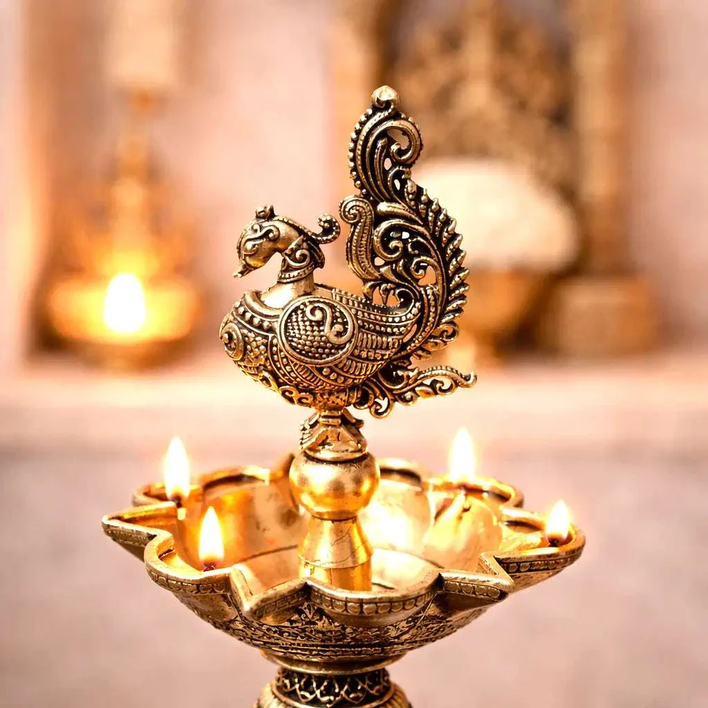 Brass Lightweight Peacock Samai/Lamp Pair (8 Inch) - Image 5