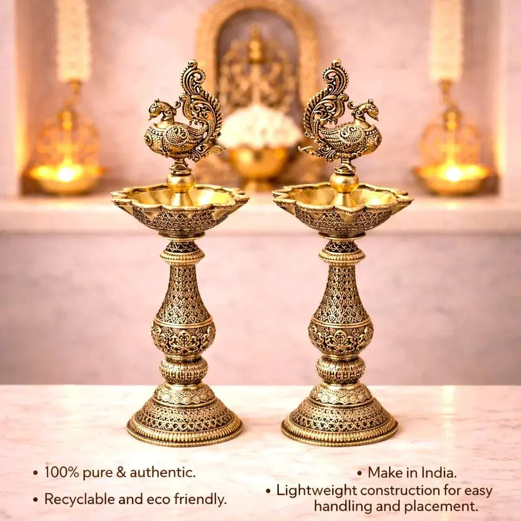Brass Lightweight Peacock Samai/Lamp Pair (8 Inch) - Image 7