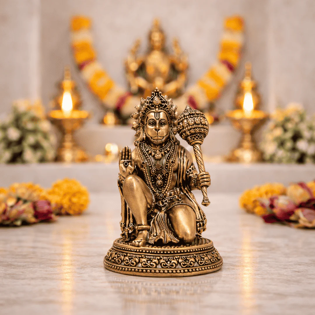 Brass Lightweight Sitting Blessing Hanuman Idol With Base (4 Inch)