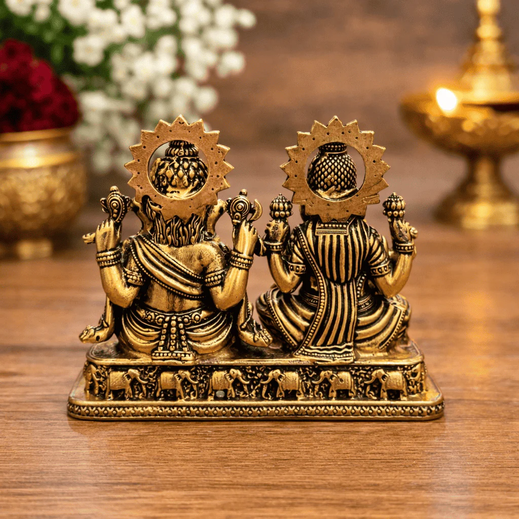 Brass Lightweight Sitting Ganesha and Lakshmi Idol (2.8 Inch) - Image 2