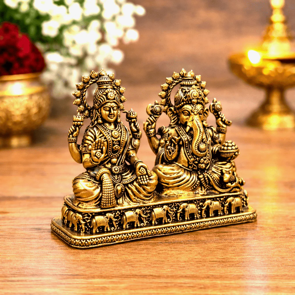 Brass Lightweight Sitting Ganesha and Lakshmi Idol (2.8 Inch) - Image 3