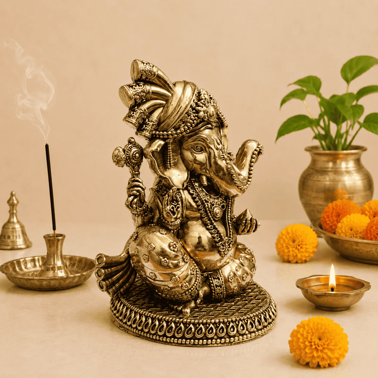 Brass Lightweight Sitting Pagdi Ganesha Idol (5 Inch) - Image 3