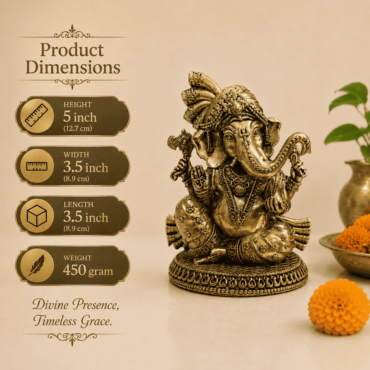 Brass Lightweight Sitting Pagdi Ganesha Idol (5 Inch) - Image 6