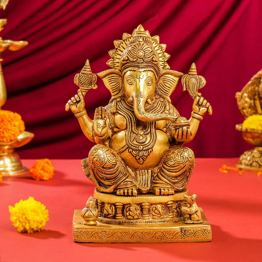 Brass Lord Sitting Ganesha Idol (10.5 Inch)