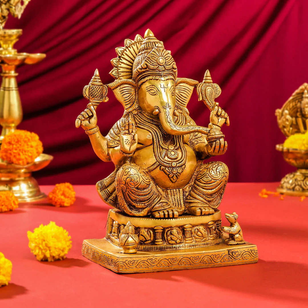 Brass Lord Sitting Ganesha Idol (10.5 Inch) - Image 2