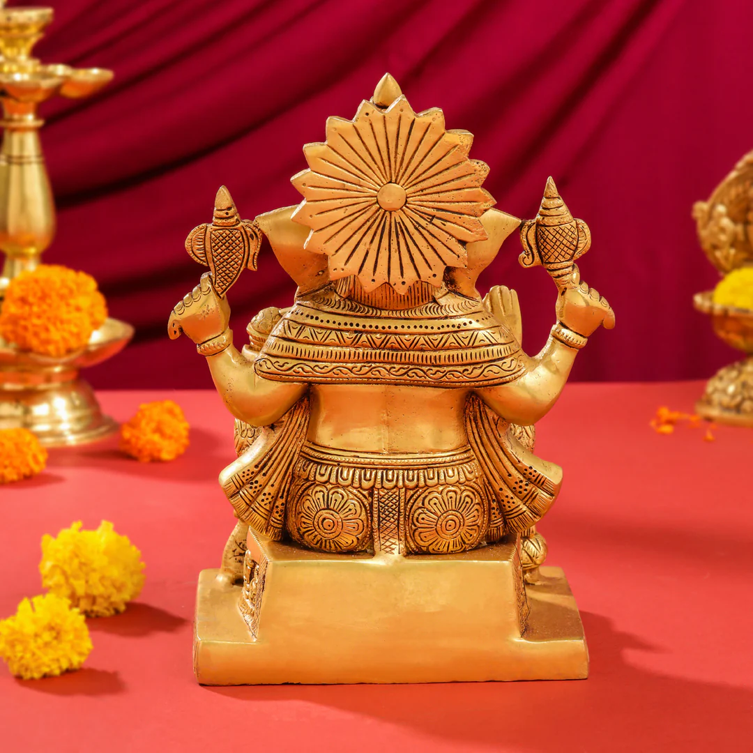 Brass Lord Sitting Ganesha Idol (10.5 Inch) - Image 3