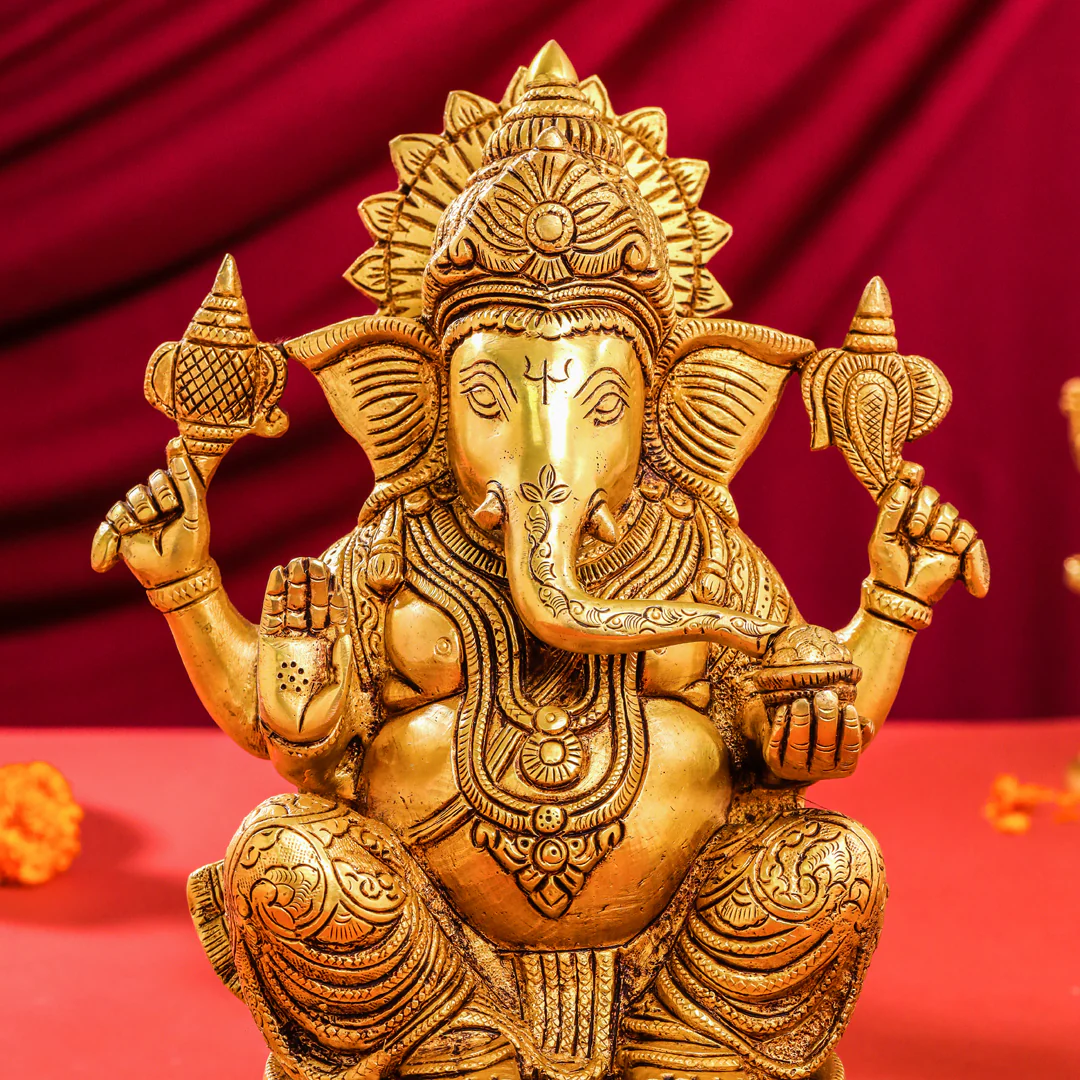 Brass Lord Sitting Ganesha Idol (10.5 Inch) - Image 4