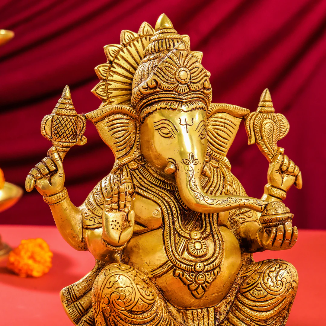 Brass Lord Sitting Ganesha Idol (10.5 Inch) - Image 5