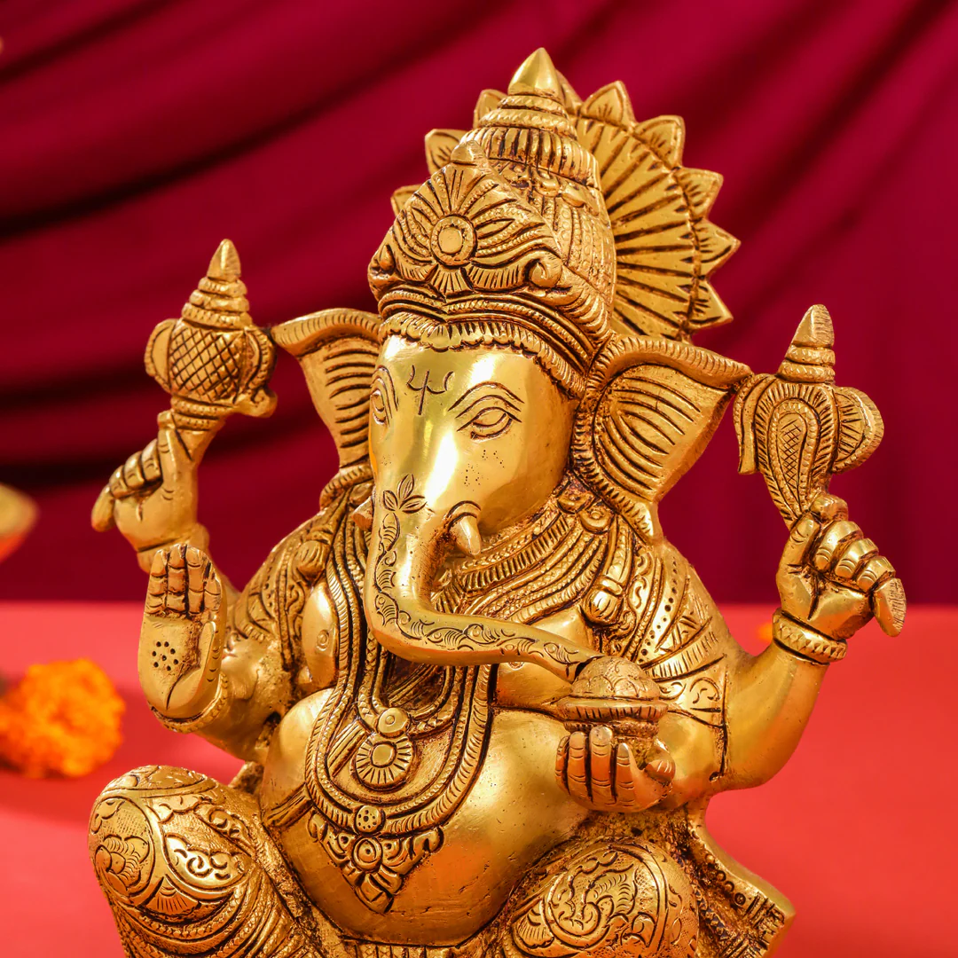 Brass Lord Sitting Ganesha Idol (10.5 Inch) - Image 6