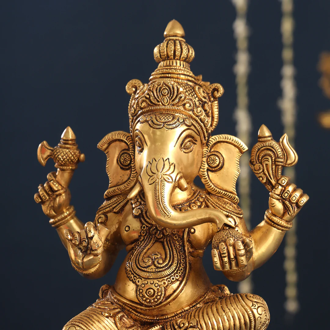 Brass Lord Sitting Ganesha Idol (14.8 Inch) - Image 2