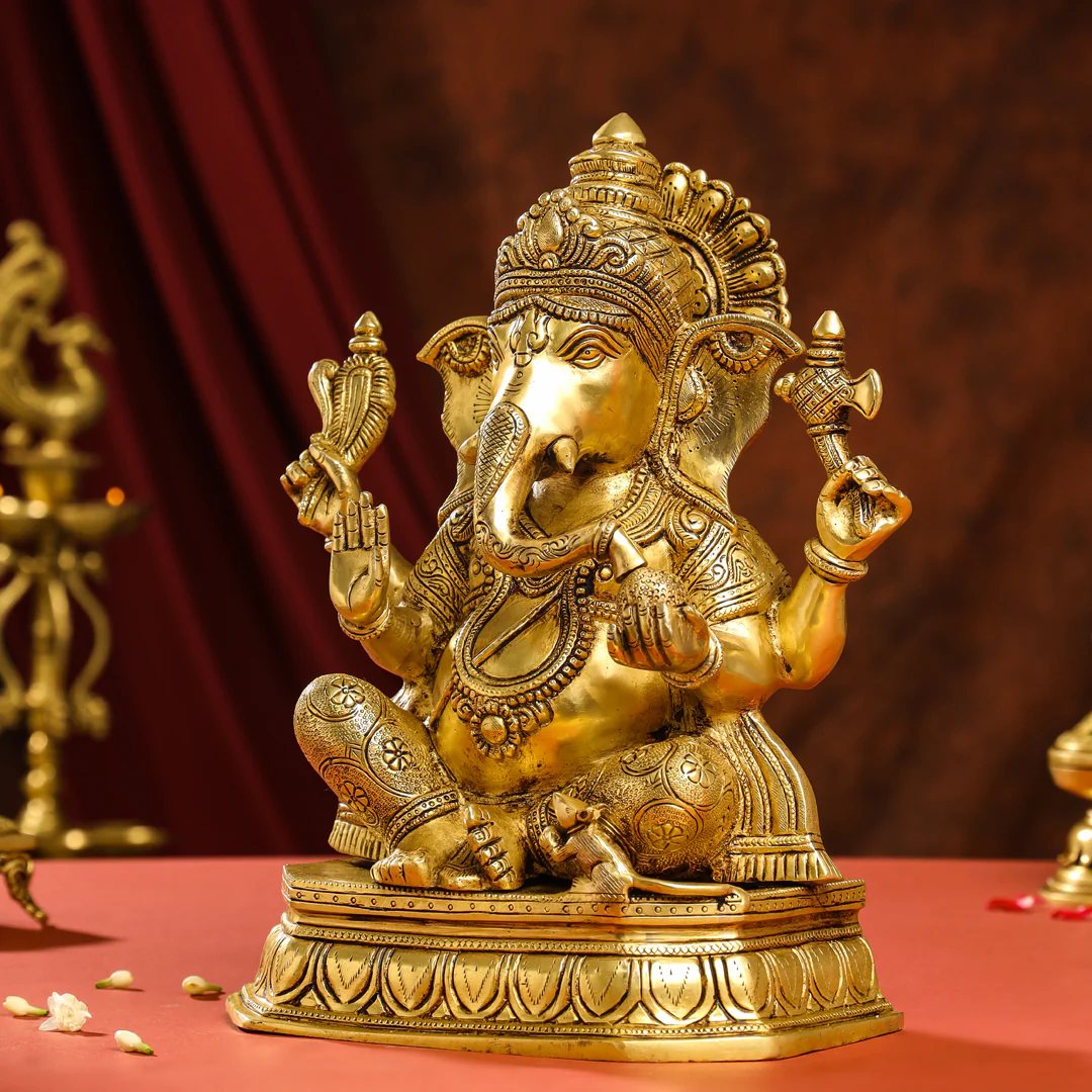 Brass Lord Sitting Ganesha Idol (15.5 Inch) - Image 2
