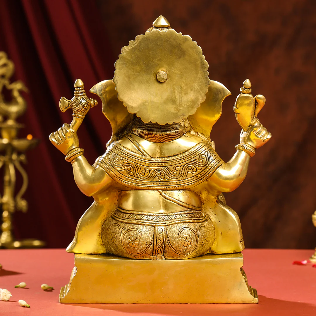 Brass Lord Sitting Ganesha Idol (15.5 Inch) - Image 4