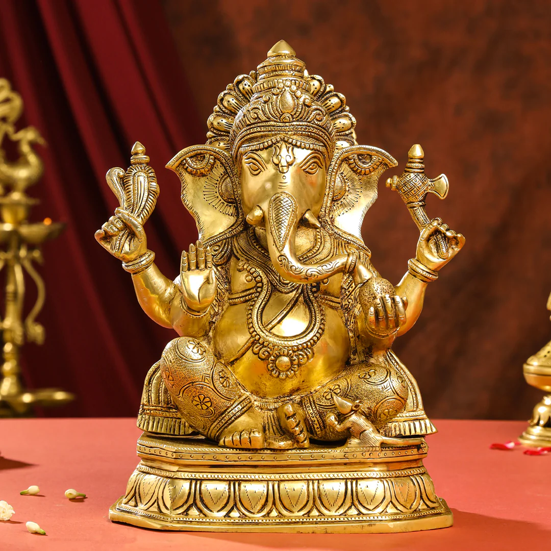 Brass Lord Sitting Ganesha Idol (15.5 Inch) - Image 5