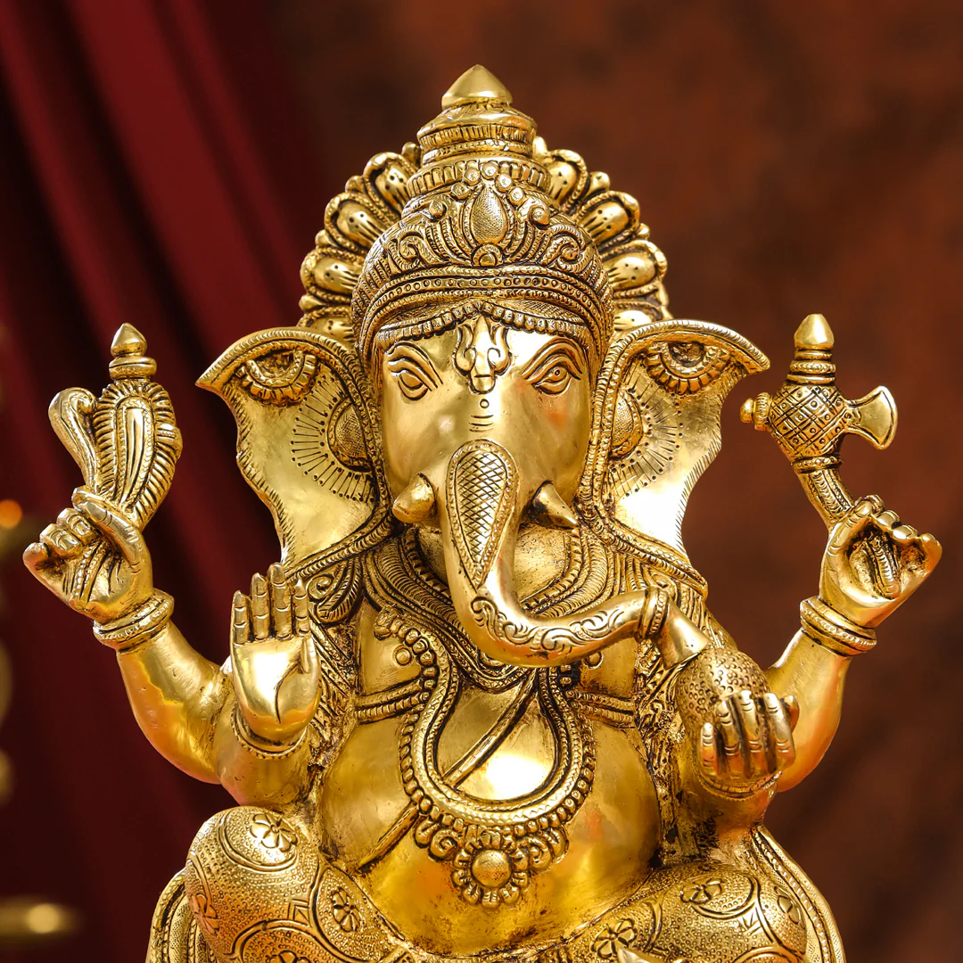 Brass Lord Sitting Ganesha Idol (15.5 Inch) - Image 6