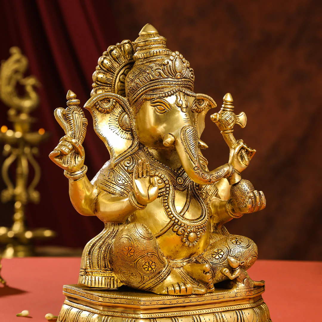 Brass Lord Sitting Ganesha Idol (15.5 Inch) - Image 7