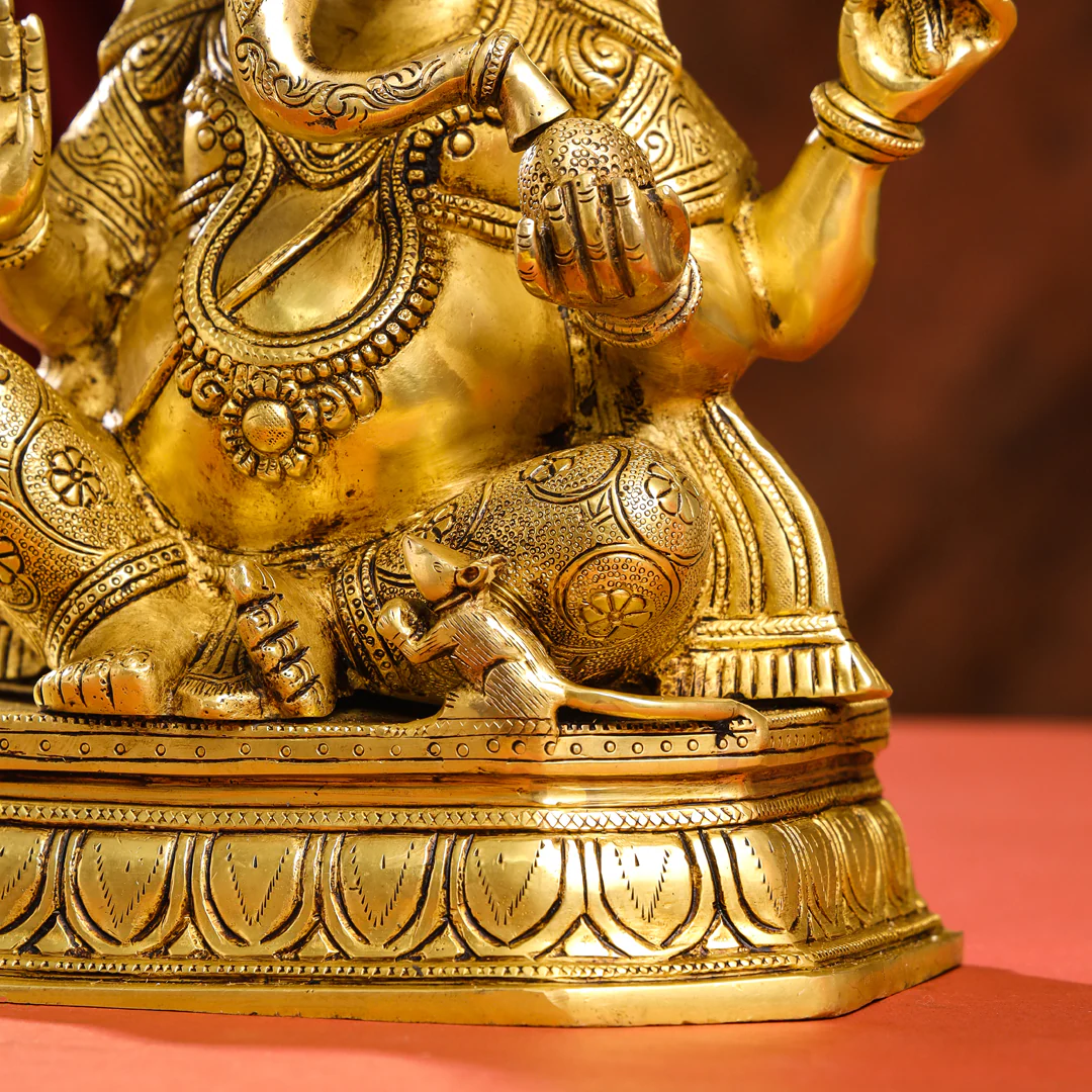 Brass Lord Sitting Ganesha Idol (15.5 Inch) - Image 8