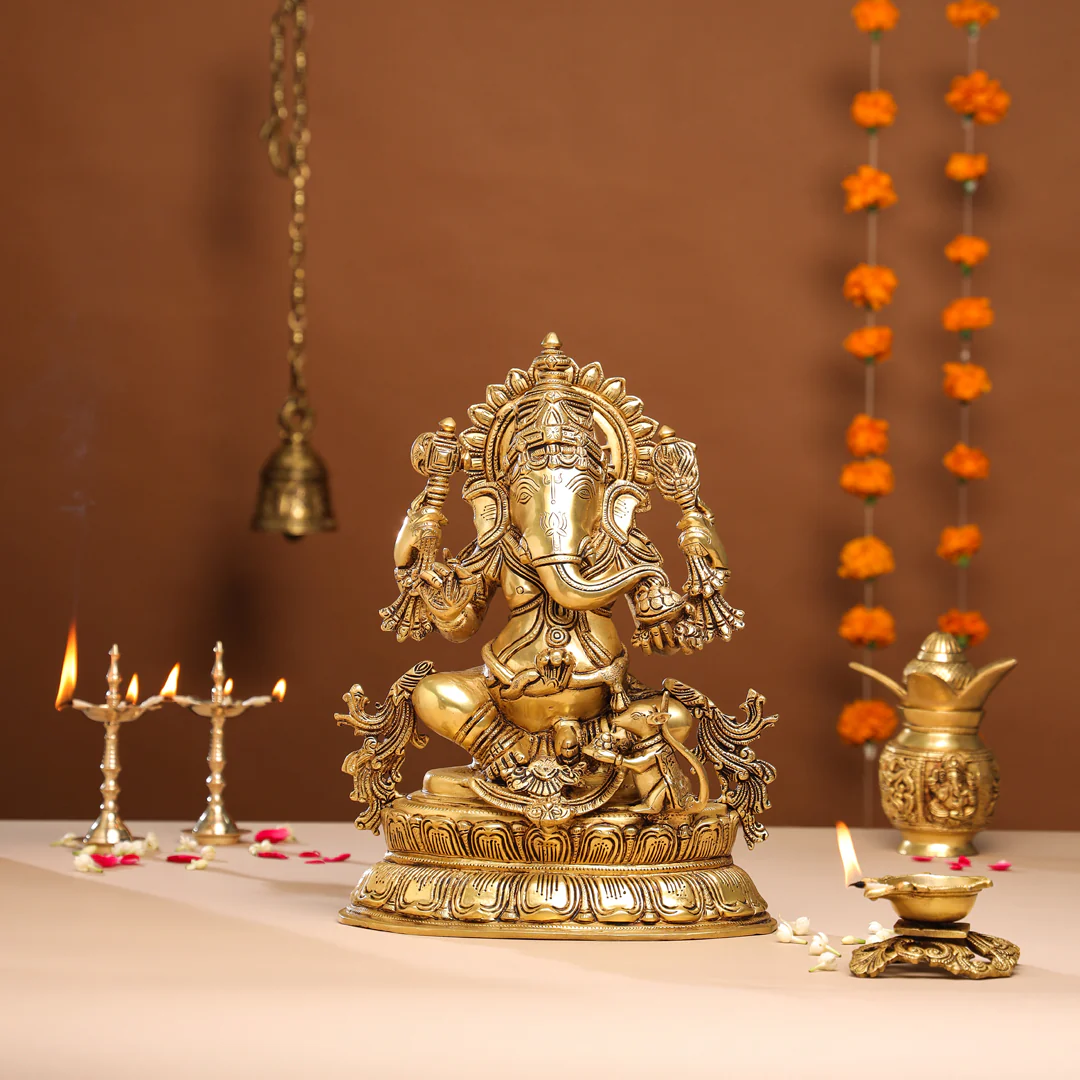 Brass Lord Sitting Ganesha Idol (15 Inch)