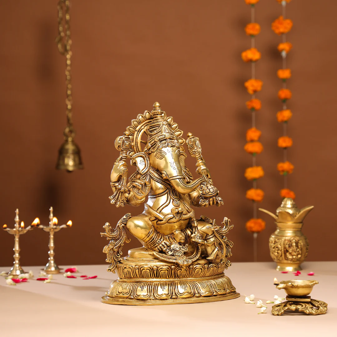 Brass Lord Sitting Ganesha Idol (15 Inch) - Image 2