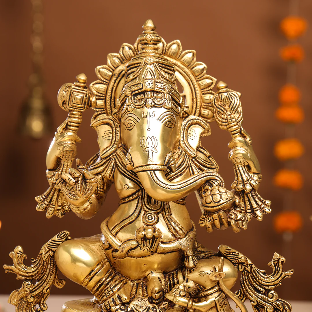 Brass Lord Sitting Ganesha Idol (15 Inch) - Image 4