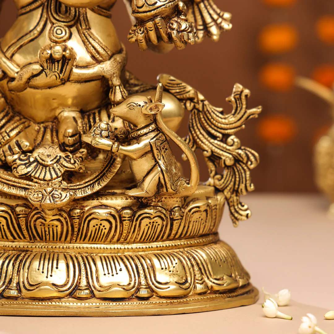 Brass Lord Sitting Ganesha Idol (15 Inch) - Image 6